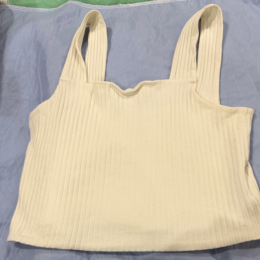 American Eagle Outfitters Ribbed Cream Square-Neck Crop Tank